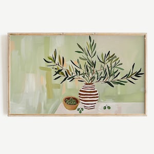 May include: A painting of a still life with a vase of olive branches and a bowl of olives. The vase is brown and white striped and the bowl is brown. The background is a light green.