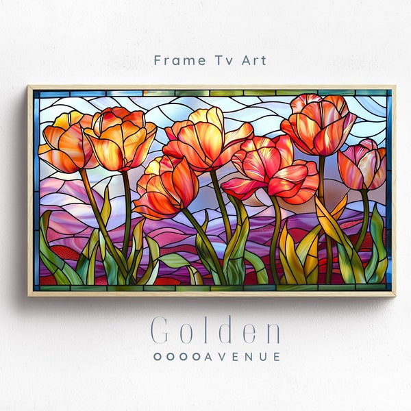 Frame Tv Stained Glass Art | Spring Floral Digital Download Art File | Colorful Tulips Frame Tv Spring Art