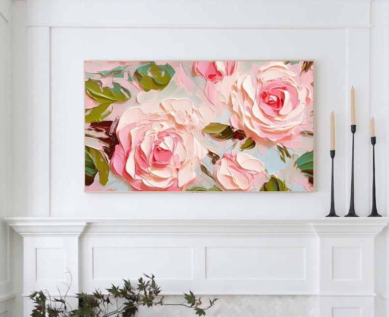 Frame TV Art for Spring Pink Abstract Floral Painting Digital Download Modern Art Roses for Tv Instant Download image 3