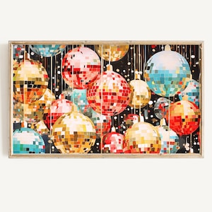 May include: A framed painting of a collection of colorful disco ball ornaments hanging from the ceiling. The ornaments are various shades of red, blue, gold, and silver.