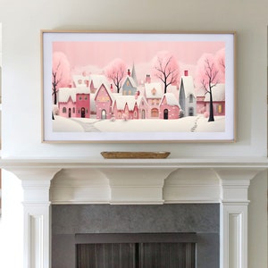 Xmas Frame TV Art Pink Christmas Village Digital Download Cute Pastel Holiday Houses Winter Art File for Tv image 4