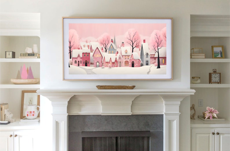 Xmas Frame TV Art Pink Christmas Village Digital Download Cute Pastel Holiday Houses Winter Art File for Tv image 4