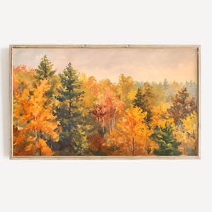 May include: A painting of a forest scene in autumn. The trees are a mix of green, yellow, orange, and red. The sky is a light blue with some clouds.