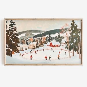 May include: A vintage-style painting depicting a snowy winter scene with a red barn and a frozen lake. People are ice skating on the lake, and there are trees and houses in the background.