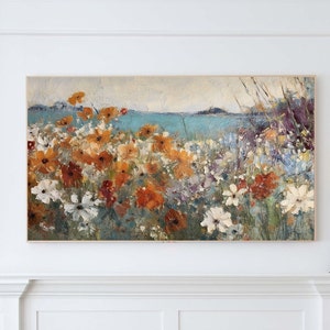 Frame TV Art Spring Digital Download Vintage Coastal Floral Landscape for Tv Wildflower & Ocean Textured Painting Instant Download image 2