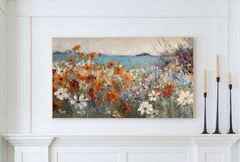 Frame TV Art Spring Digital Download Vintage Coastal Floral Landscape for Tv Wildflower & Ocean Textured Painting Instant Download image 2