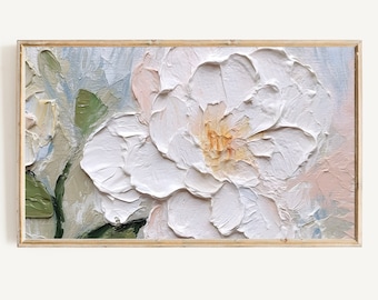 Frame Tv Kunst Abstrakte Blumenmalerei, Blumenmalerei Digitaler Download, strukturierte 3D-Wildblumenkunst für Frame TV mit neutralen Pastelltönen