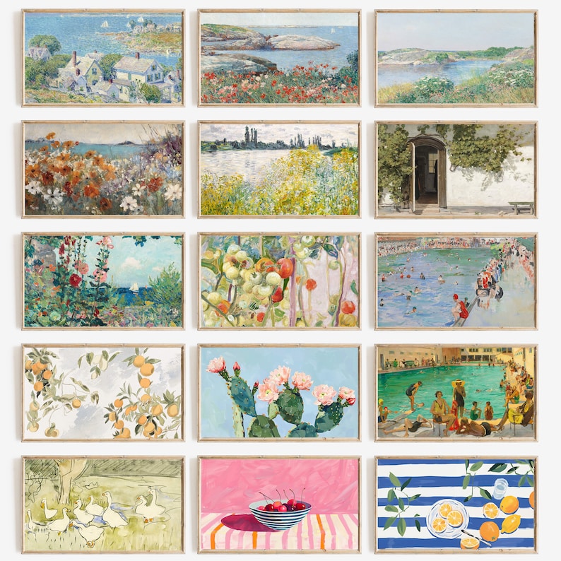 Op de afbeelding: Een verzameling ingelijste landschapsschilderijen met diverse sc&egrave;nes. De kunstwerken omvatten kustgezichten, bloemstukken en afbeeldingen van de natuur, allemaal in een vintage stijl. Elk stuk is ingelijst in een lichtgekleurde houten lijst, wat een samenhangende galerijwandesthetiek cre&euml;ert.