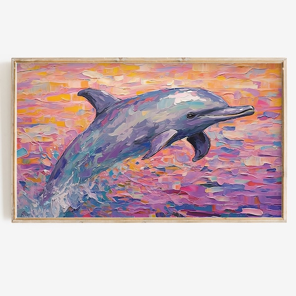 Frame Tv Art | Colorful Summer Textured 90s Painting Digital Download | Pink Dolphin Aquatic Television Art File Instant Download