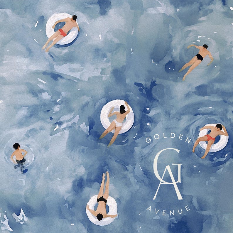 Op de afbeelding: Waterverfschilderij van mensen die in een zwembad drijven op witte opblaasbare ringen. Het water is een mix van blauwtinten. De tekst "GOLDEN AVENUE" is rechtsonder zichtbaar.
