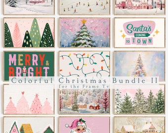 以下が含まれることがあります： 冬の風景、クリスマスツリー、サンタクロースを描いた、デジタル印刷可能なクリスマスイラスト12点セット。イラストはヴィンテージスタイルで、ピンクとグリーンのカラーパレットを使用しています。イラストには、「サンタが街にやってくる」と「メリー＆ブライト」のテキストが含まれています。