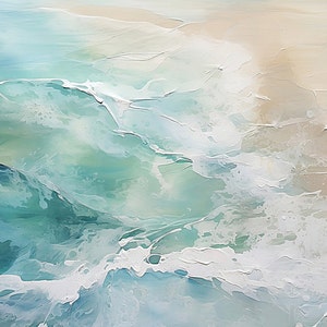 May include: Abstract painting of ocean waves in shades of blue, green, and white. The painting has a textured, layered look, creating a sense of depth and movement.