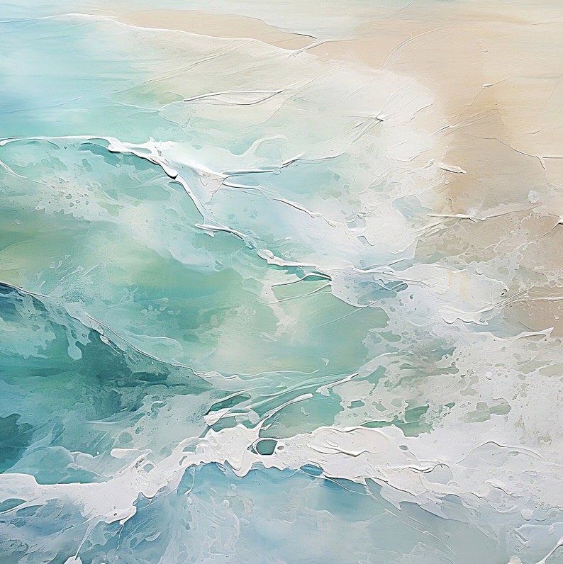 May include: Abstract painting of ocean waves in shades of blue, green, and white. The painting has a textured, layered look, creating a sense of depth and movement.