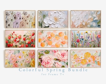 Frame TV Kleurrijke Lente Art Set van 9 | Getextureerde kunst voor Frame TV digitale downloadbundel | Pastel bloemen & citrus abstracte tv-kunst