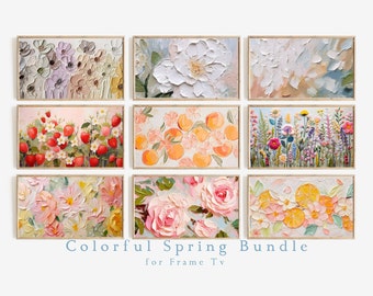 Frame TV Kleurrijke Lente Art Set van 9 | Getextureerde kunst voor Frame TV digitale downloadbundel | Pastel bloemen & citrus abstracte tv-kunst