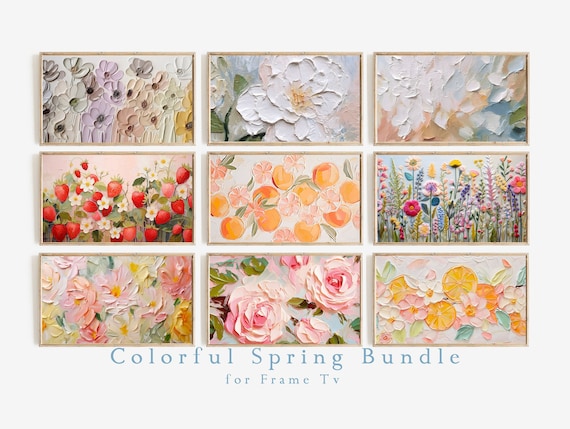 Frame Tv Colorful Spring Art Set of 9 | Textured Art for Frame TV Digital Download Bundle | Pastel Floral & Citrus Abstract Tv Art