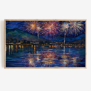 Frame Tv 4th of July Art Digital Download Firework Painting | Dark Nighttime Frame Tv Summer Art