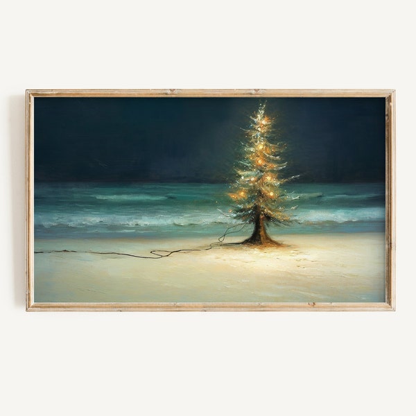 Xmas Frame TV Art | Tropical Christmas Tree Lights Digital Download | Winter Beach Landscape Painting Xmas Art File for Tv