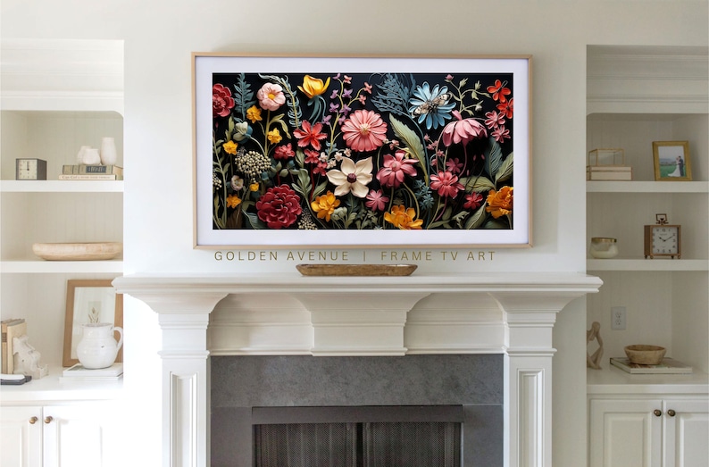 Samsung Frame TV 3D Art, Wildflowers Butterfly Garden, Spring Dark Botanische Digitale Download, Jewel Toned Floral Painting voor TV Wallpaper afbeelding 3