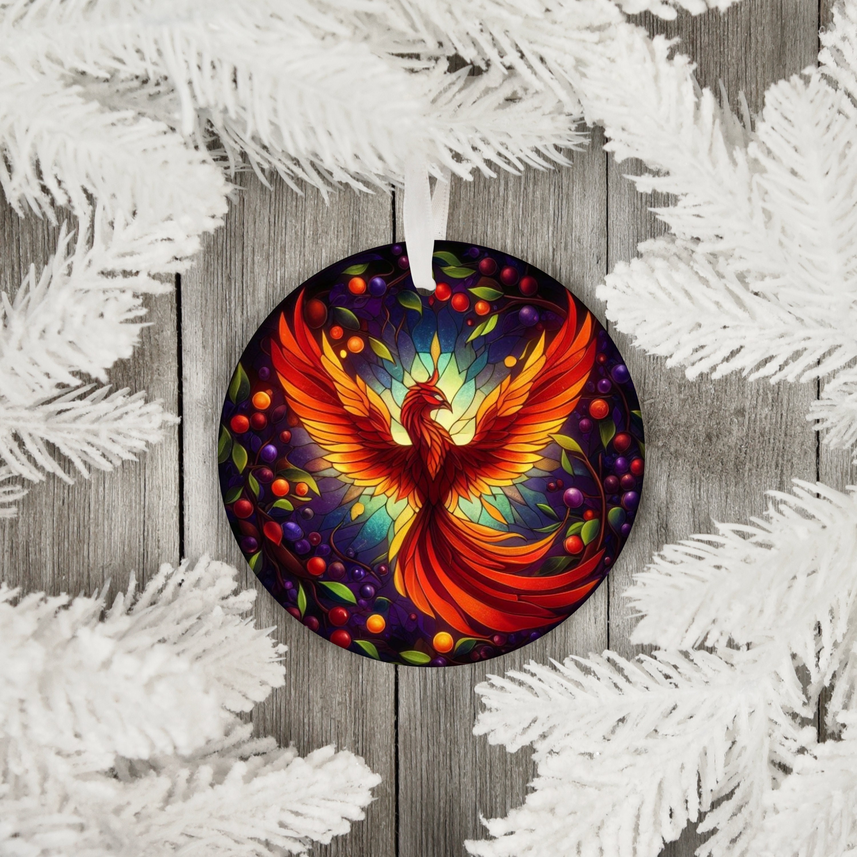 Phoenix Christmas Ornament: Stained Glass-look Ceramic Holiday