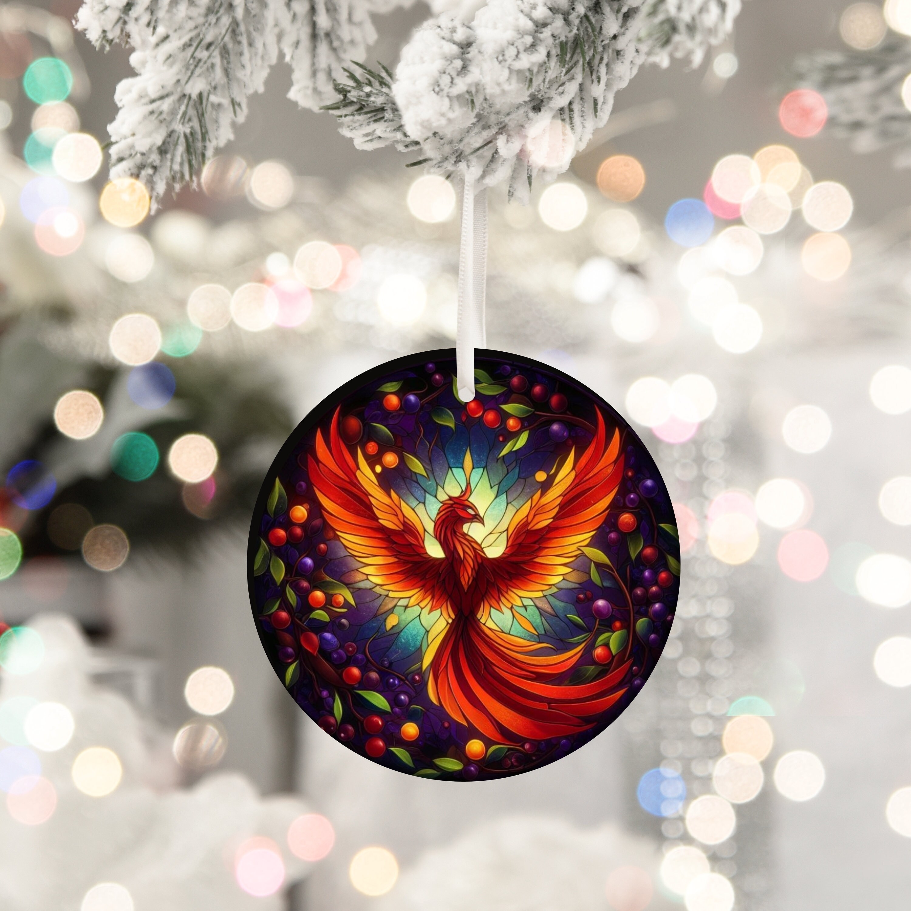 三香見 クリスマスデザイン PHOENIX Phoenix Christmas Ornament: Stained Glass-look Ceramic Holiday