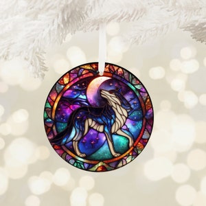 Mystical Wolf and Moon Stained Glass Ceramic Christmas Ornament
