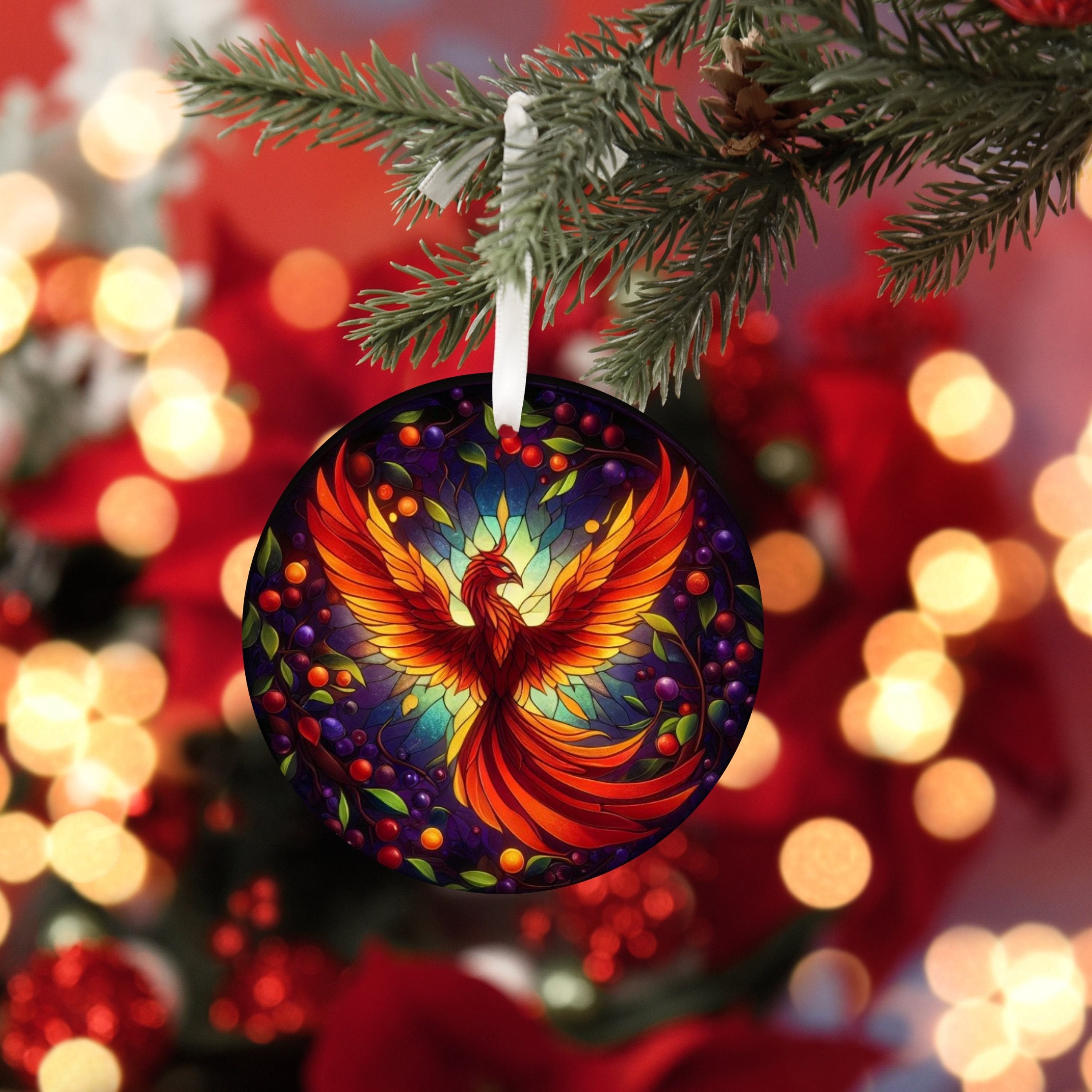 Phoenix Christmas Ornament: Stained Glass-look Ceramic Holiday