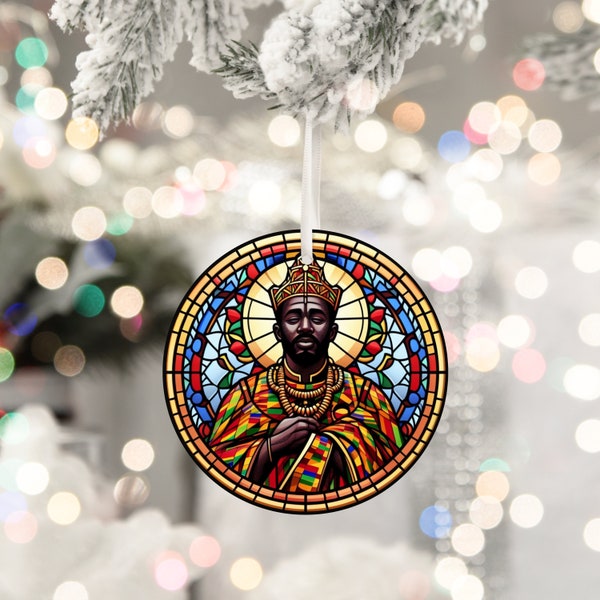 Majestic African King in Kente Cloth Stained Glass-Look Ceramic Christmas Ornament Kwanzaa Decor Christmas Decor Holiday Decorations Gift
