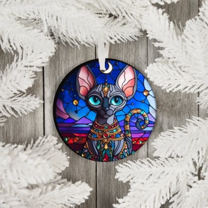 Jeweled Sphynx Cat Christmas Ornament: Stained Glass-Look Ceramic Holiday Decor