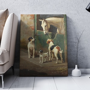 Dogs and Horse at Stable Framed Oil Painting Reproduction Print on Canvas