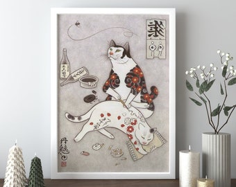 Kazuaki Horitomo Cat Art Canvas Print, Cute Cartoon Cat Wall Art, Home Wall Decor, Minimalist Wall Decor, Funny Monmon Cat Wall Art