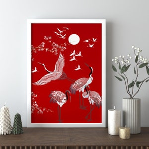Red Crane Bird illustration, Crane Bird Canvas Wall Decor, Vintage Japanese Print, Japan Crane Kimono Art Print