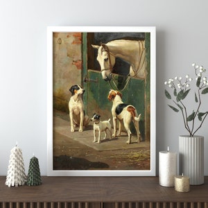 Dogs and Horse at Stable Framed Oil Painting Reproduction Print on Canvas
