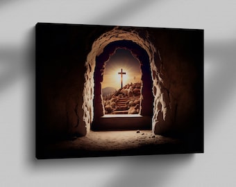 Puede incluir: Un túnel oscuro de piedra con una luz al final. La luz revela una cruz de madera en una colina con un cielo brillante y dorado detrás.