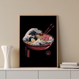 Japanese Ramen Bowl Printable Wall Art,Great Wave off Kanagawa Print,Ramen Noodles Wave Painting,Katsushika Hokusai Kitchen Wall Art