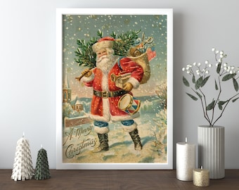 Santa Christmas Wall Decor, Gift for Christmas, A Merry Christmas Canvas Wall Art, Santa Claus bringing gifts
