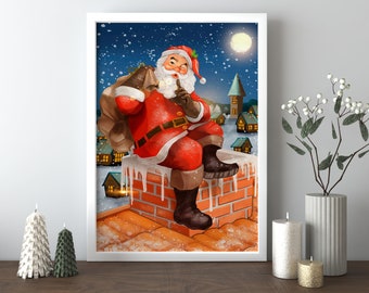 Santa Christmas Wall Decor, Gift for Christmas, Santa Claus sitting in the chimney