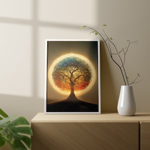 Puede incluir: Una impresi&oacute;n enmarcada de un &aacute;rbol colorido con un rayo de sol detr&aacute;s. El &aacute;rbol est&aacute; silueteado sobre un fondo dorado.