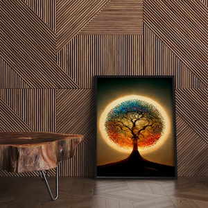 Puede incluir: Una impresi&oacute;n enmarcada de un &aacute;rbol colorido con un halo solar detr&aacute;s. El &aacute;rbol est&aacute; formado por muchas peque&ntilde;as hojas y ramas coloridas. El fondo es verde oscuro y marr&oacute;n.