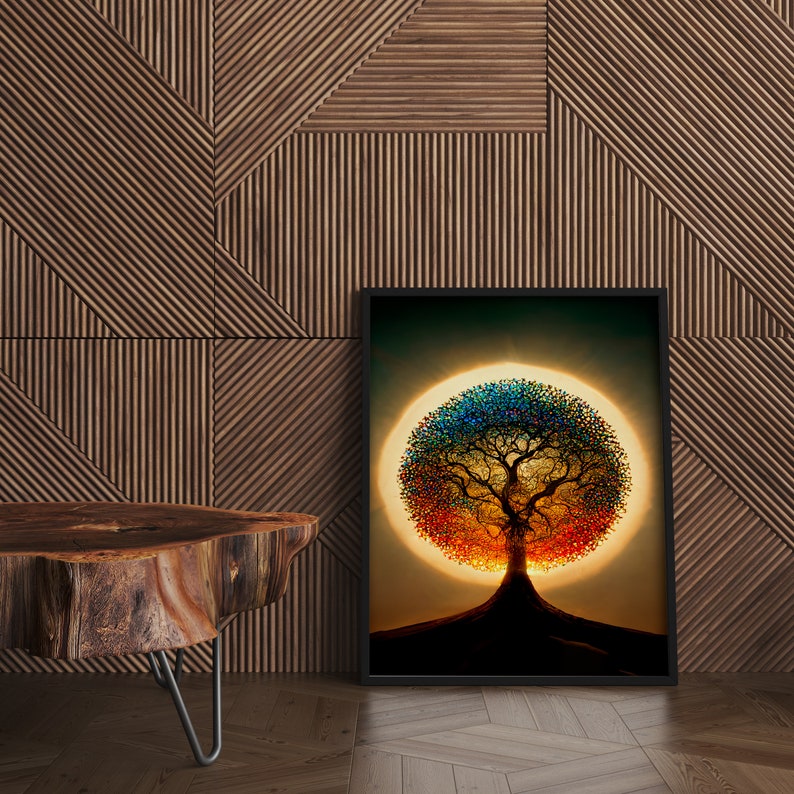 Puede incluir: Una impresi&oacute;n enmarcada de un &aacute;rbol colorido con un halo solar detr&aacute;s. El &aacute;rbol est&aacute; formado por muchas peque&ntilde;as hojas y ramas coloridas. El fondo es verde oscuro y marr&oacute;n.