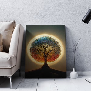Puede incluir: Una pintura abstracta colorida de un &aacute;rbol con un halo brillante a su alrededor. El &aacute;rbol es una silueta oscura con un halo colorido de hojas. El fondo es marr&oacute;n oscuro.