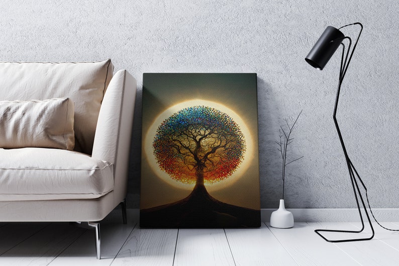 Puede incluir: Una pintura abstracta colorida de un &aacute;rbol con un halo brillante a su alrededor. El &aacute;rbol es una silueta oscura con un halo colorido de hojas. El fondo es marr&oacute;n oscuro.