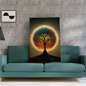Puede incluir: Un &aacute;rbol colorido con una copa como un arco&iacute;ris se alza sobre un fondo oscuro. El &aacute;rbol est&aacute; rodeado por un halo de luz brillante.