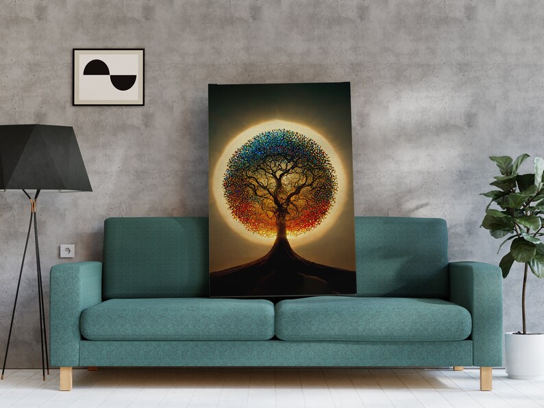 Puede incluir: Un &aacute;rbol colorido con una copa como un arco&iacute;ris se alza sobre un fondo oscuro. El &aacute;rbol est&aacute; rodeado por un halo de luz brillante.