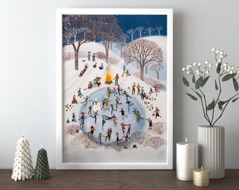 Winterprint, aquarel kerstschilderij, besneeuwd dorpskunstwerk, mensen die plezier hebben in het sneeuwmuurdecor