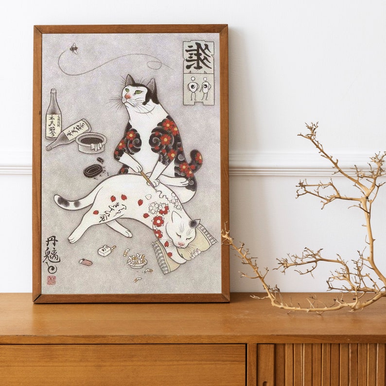 Kazuaki Horitomo Cat Art Canvas Print, Cute Cartoon Cat Wall Art, Home Wall Decor, Minimalist Wall Decor, Funny Monmon Cat Wall Art image 2