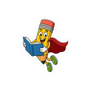 空飛ぶ鉛筆ステッカー 読書ヒーローのポインティ ビニールステッカー 子供、教師、読書愛好家向け