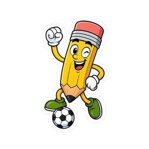 サッカー鉛筆ステッカー - 子供、教師、教室向けのポインティ・ザ・ペンシルのスポーティなビニールデカール