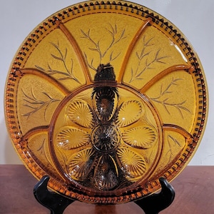 Vintage Indiana Glass Co. Tree Of Life Amber Devilled Egg & Hors D'oeuvres Tray