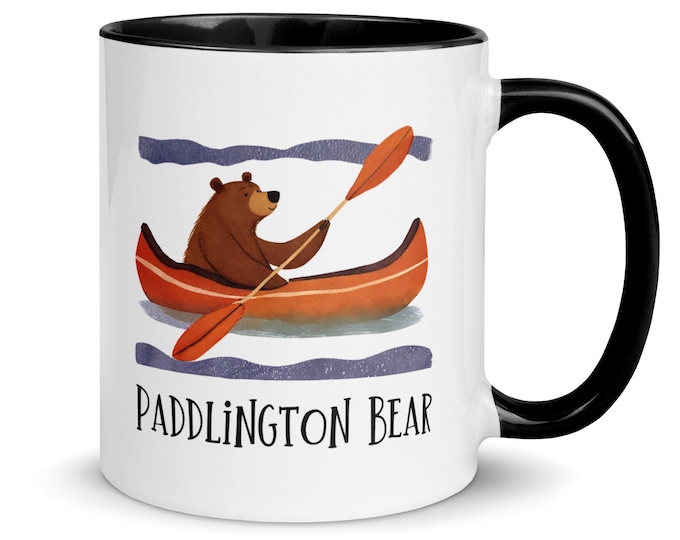 Paddlington Bear Mug, Bear Paddling Canoe Fun Gift, Outdoor Lover Play On Words Coffee Cup
